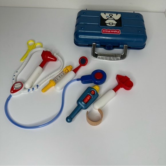 Vintage Fisher Price Blue Doctor Case Medical Kit w Accessories Kids Pretend Toy - Picture 10 of 13